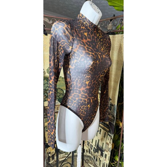 Bershka Leopard Print Mesh Bodysuit Long Sleeve High Neck - Picture 5 of 12